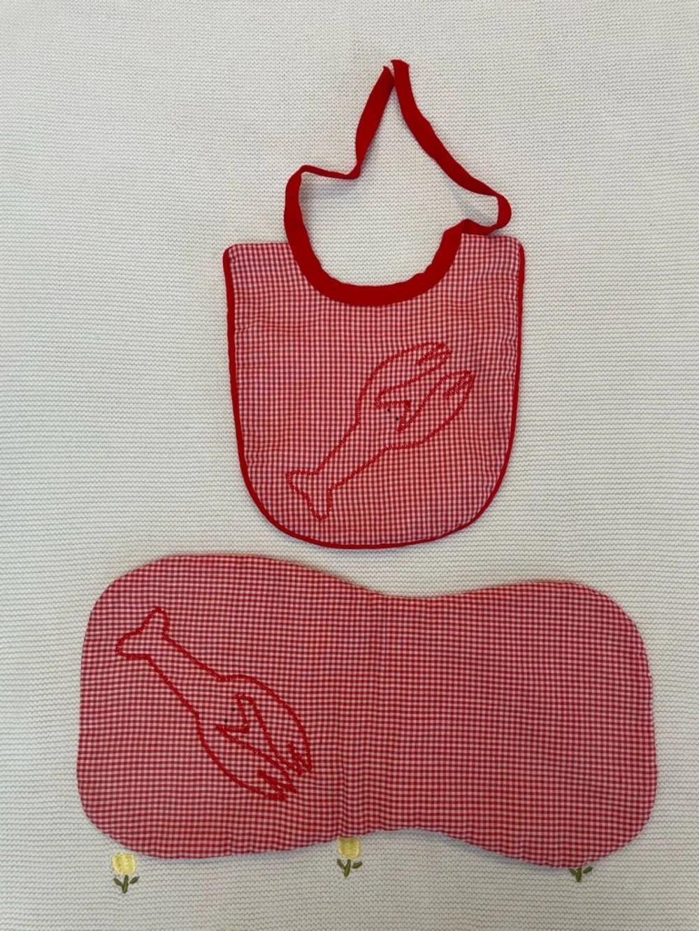 Handmade Red Gingham Lobster Baby Bib & Burp Cloth Set Nautical Coastal Preppy